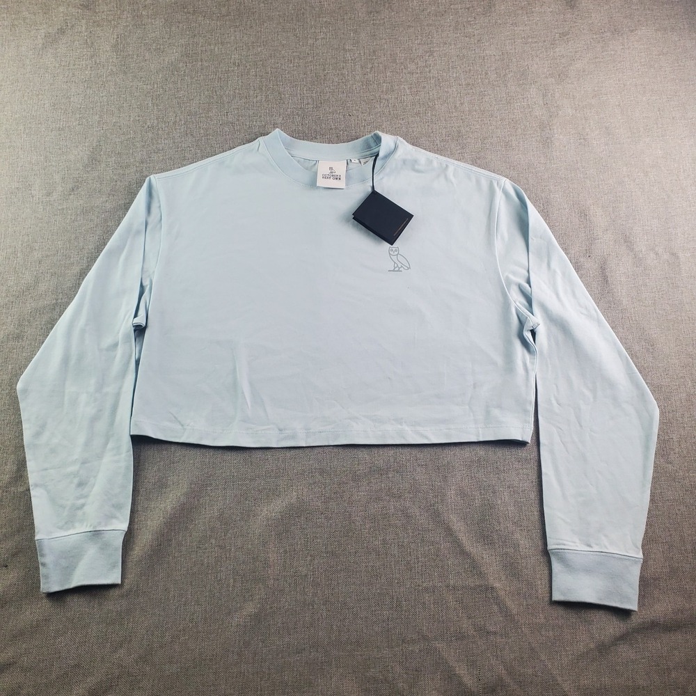 OVO Octobers Very Own Sweatshirt Womens Small Light Blue Owl Cropped Pullover